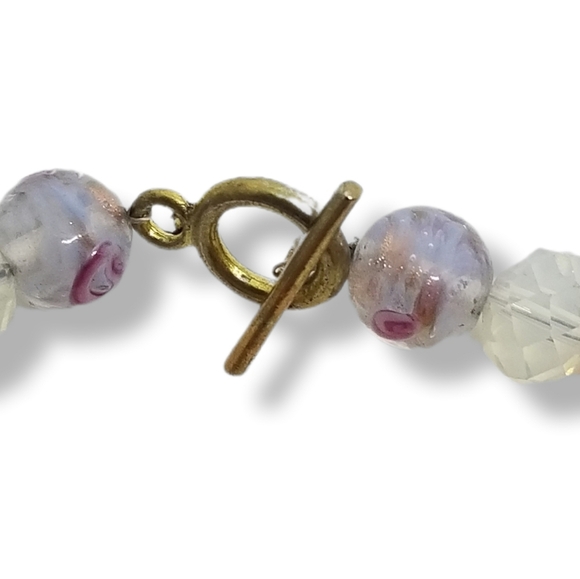 VINTAGE WHIMSICAL FLOWER DESIGN ART GLASS BEAD & FAUX PEARL NECKLACE - Picture 7 of 7